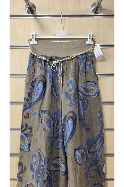Park Moda Italian Linen Trousers with Shawl Pattern Belt