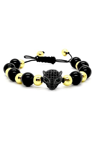 OEM Bratara reglabila din onix negru si hematit auriu cu pandantiv jaguar