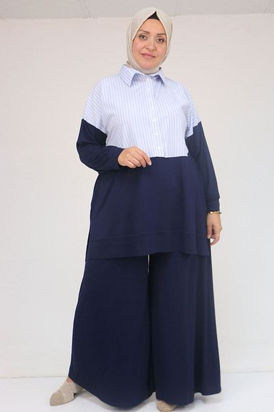 Eslina 57016 plus size men's lapel combination pants set - navy-blue