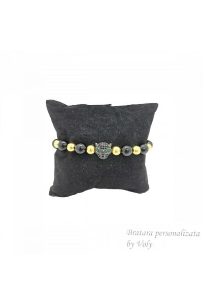 OEM Bratara reglabila din onix negru si hematit auriu cu pandantiv jaguar