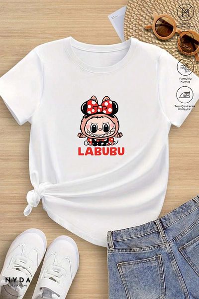 Nyda Collections Tricou cu mânecă scurtă din bumbac imprimat cu fundă roșie Labubu pentru copii