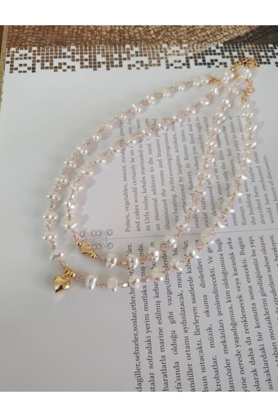 elbi bijuteri Kadın 2’li Kalp Aparatlı İnci Kolye – Romantik ve Zarif Takı Seti