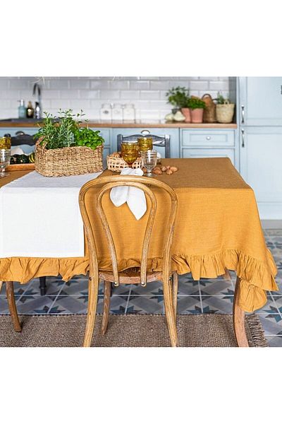 shules collection Buldan Linen Ruffled Vintage Oxide Yellow Tablecloth