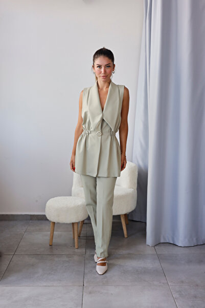Elzem Boutique Haki Tokalı Yelek Pantolon Takım