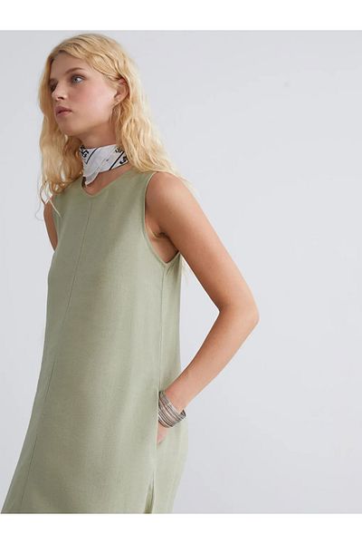 LC Waikiki Xside Beige Crew Neck A-Line Linen Blend Dress