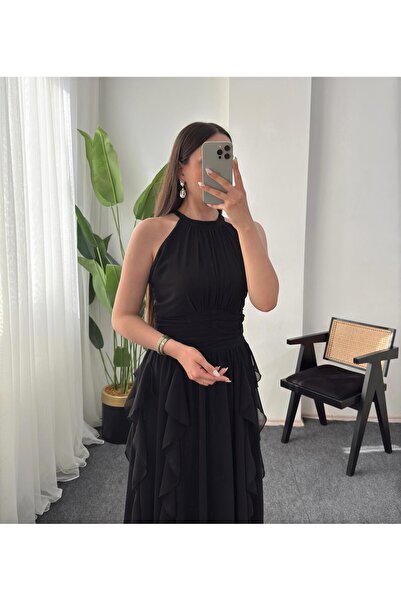 FEVRİER MODE Angel büzgülü eteği fırfırlı şifon elbise