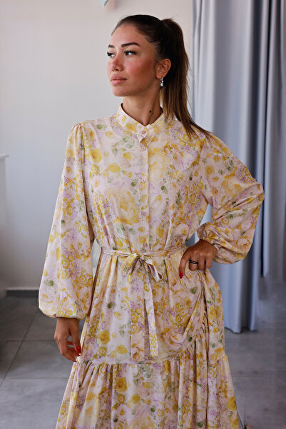 Elzem Boutique Sarı Çiçek Desenli Gömlek Yaka Elbise