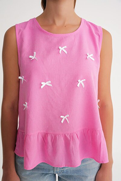 Mixray 4718 Women's Bow Detailed Ruffled Linen Blouse Pink