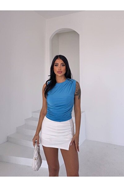 trendhazan A KALİTE DRAPELİ BİSİKLET YAKA SIFIR KOL BLUZ