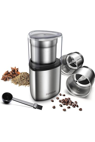 SHARDOR 200W Electric Coffee & Spices Grinder with 2 Removable Stainless-Steel Bowls - Silver