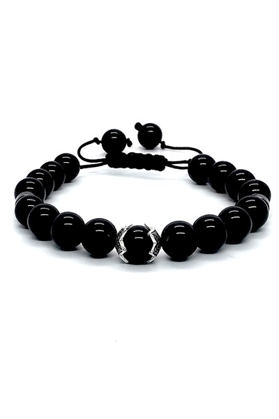 OEM Bratara din onix reglabila 15-25 cm, cu 2 pandantive in forma de frunza din argint