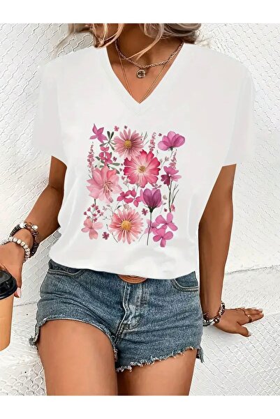FUFLUNS Flower Printed Women's Oversize V-Neck T-Shirt