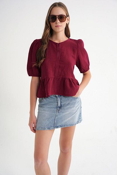 Mixray 4713 Women's Gathered Waist, Elastic Sleeves, Loose Muslin Blouse Claret Red