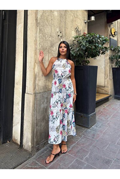 KEDİ Yazlık Halter Yaka Boncuk Aksesuarlı Elbise