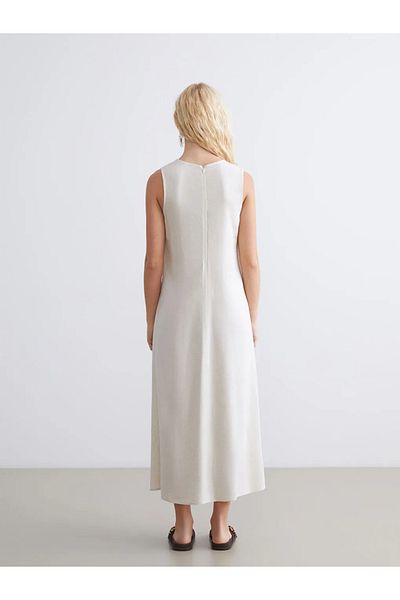 LC Waikiki Xside Beige Crew Neck A-Line Linen Blend Dress