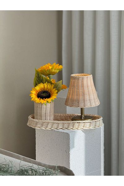 Maison Avf 4-Piece Rattan Table Lamp - Antique Gold Base & Organizer & Vase & Sunflower