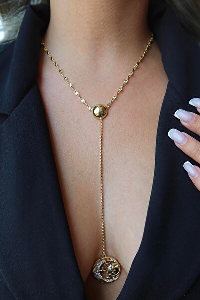 TAKIŞTIR Altın Renk Ay Ve Yıldız Figürlü Taş Detaylı Y Kolye