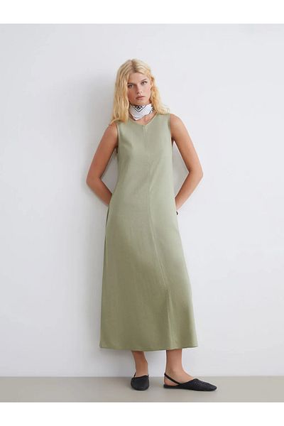 LC Waikiki Xside Beige Crew Neck A-Line Linen Blend Dress