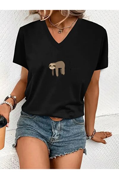 FUFLUNS Oversize Women's V-Neck T-Shirt with Lazy Animal & Heartbeat Print