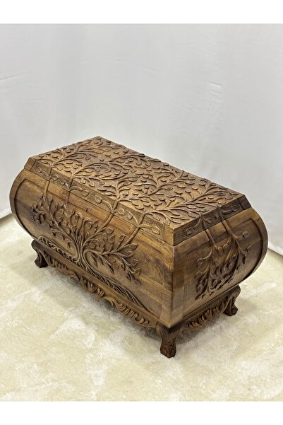 Arıkmert El Sanatları Maraş El Oyma Ceviz Ahşap Çeyiz Sandığı –Ahşap Sandık- 95x50x54 cm | Hayat Ağacı Model