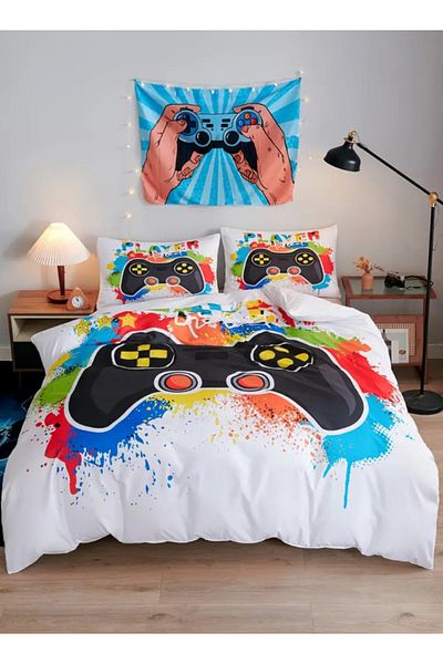 LUNA HOME Single size 4 piece bedding set with duvet cover 3D white color 160x210cm.