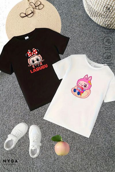Nyda Collections Set de 2 tricouri cu mânecă scurtă pentru copii, cu decolteu, din bumbac imprimat Labubu, negru - alb