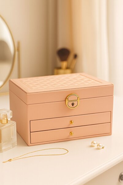 Ecrou 2 Drawers Leather-Look Locks Jewelry Box Organizer Organizer Pink 14X17X23 cm
