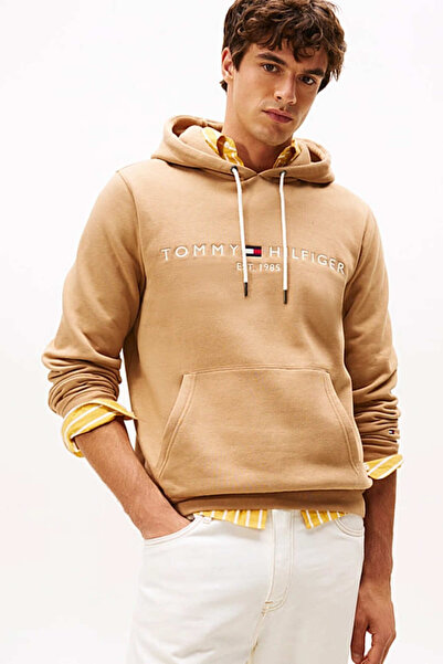 Tommy Hilfiger Erkek Regular Fit Kapüşonlu Logolu Sweatshirt - Açık Camel