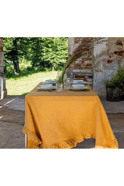 shules collection Buldan Linen Ruffled Vintage Oxide Yellow Tablecloth