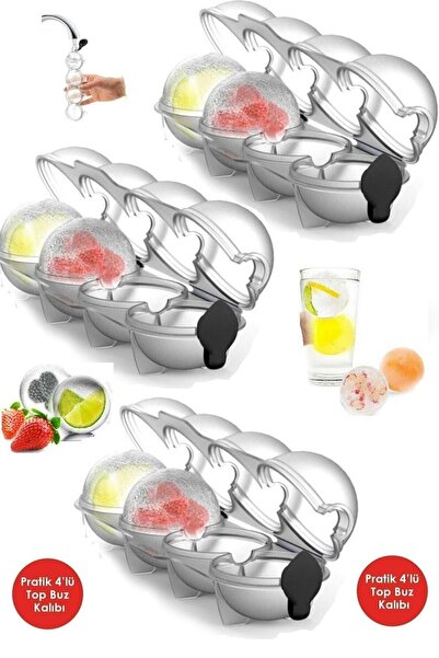 TUMU LIFE 3 Adet 4'lü Küre Buz Topu Kalıbı - Yuvarlak Içecek Buz Topu Dondurucu