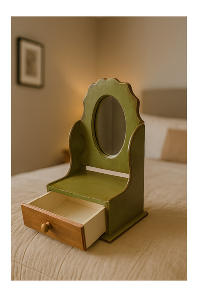 onyyapim LÜKS AHŞAP MASAÜSTÜ AYNALI TAKI & MAKYAJ KUTUSU – ESKİTME YEŞİL