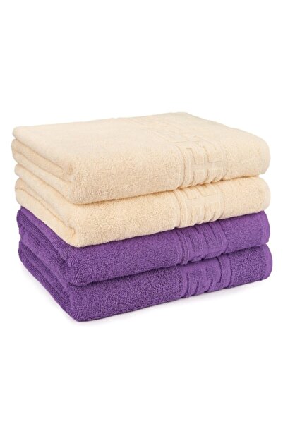 OEM Set 4 hand towels, Cotton, Bicolor, Greek Border, 500g/m², 30x50cm, Ivory-Purple