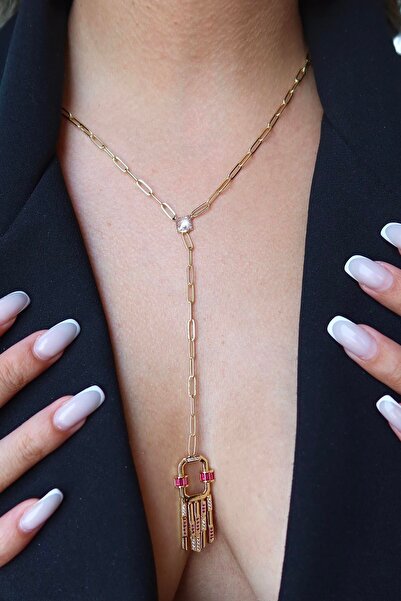 TAKIŞTIR قلادة على شكل حرف Y مرصعة بالأحجار الذهبية اللون