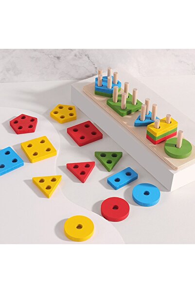 Bibilel Kids Educational Toy, Montessori Wooden Geometric Shapes, 20 Pieces, 6 x 26.5 cm