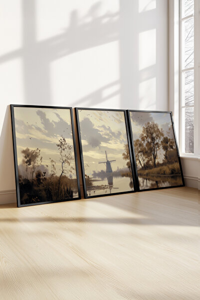 STARYUNA Yağlı boya vintage manzara tablo, siyah ahşap çerçeveli 3'lü tablo seti Yuna47