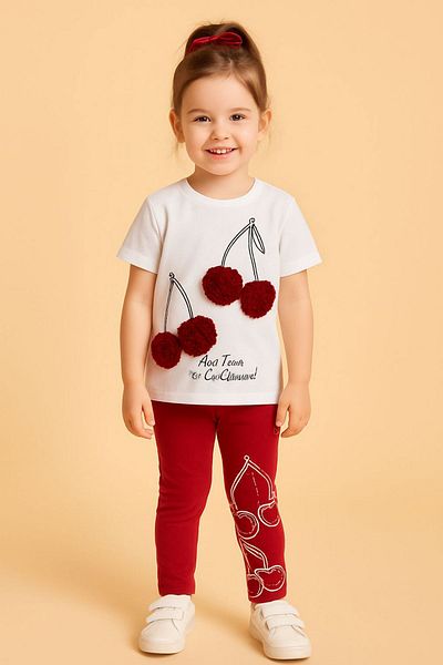 Minigimin Cicileri Mini Girl's 2-Piece Set with Double Cherry Patterned Leggings - Claret Red
