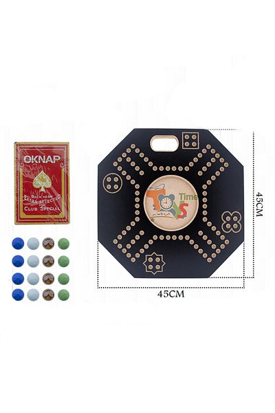 TİME Octagonal Wooden Game Board – 45×45 cm, Black & Gold Design with Cards and Colorful Pieces