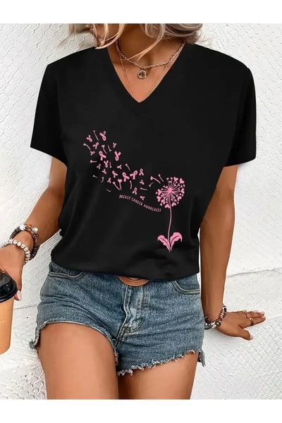 FUFLUNS تي شيرت برقبة على شكل حرف V من الريش الوردي