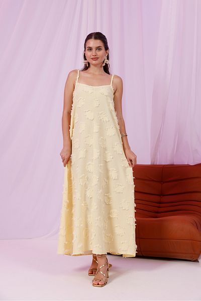 Moda Palmiss Women's Yellow Strap Tassel Detailed Midi Dress