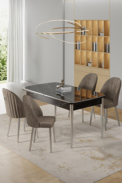 Canisa Rada Serisi 80x132 Açılabilir Lak Panel Siyah Mermer Desen Masa 4 Cappucino Sandalye Krom Detay
