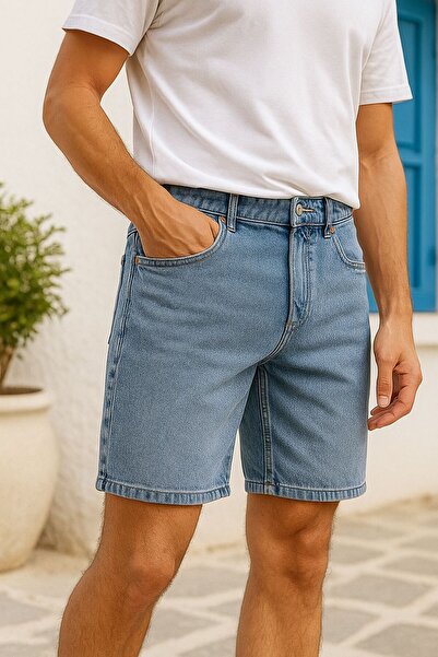 Bürke Erkek Açık Mavi Renk Baggy Rahat Kesim Denim Loose Jeans Kot Şort