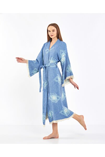 hamam house Jacquard White Eye Blue Kimono Bathrobe