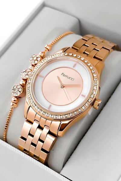 Ferrucci ساعة يد نسائية بسوار فولاذي وعلبة فولاذية، مقاومة للماء حتى 3 ATM، و...