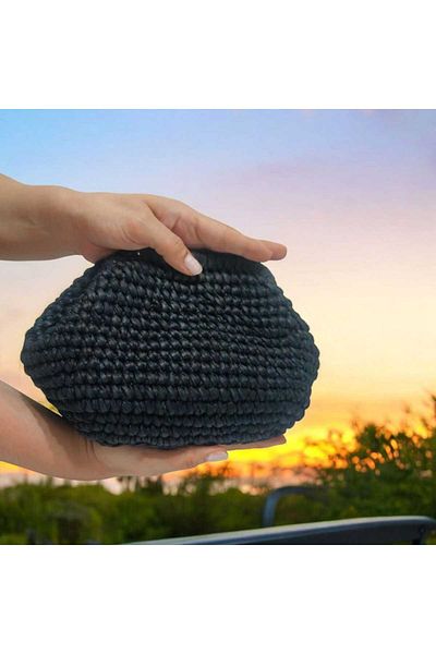SONİKON LİNE Black Leather Hand Knitted Clutch Bag with String, Straw Model Lightweight and Stylish Design for Wedding Invitation Handmade