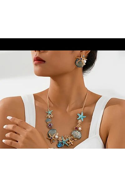 Enanice Turquoise and Blue Starfish and Coral Shell Necklace