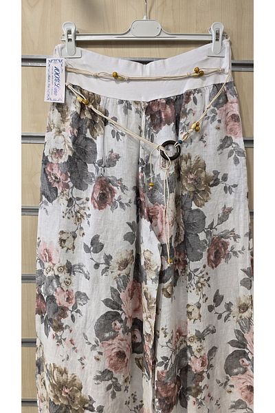 Park Moda Pantaloni din in italian cu model de trandafiri cu detaliu de centura