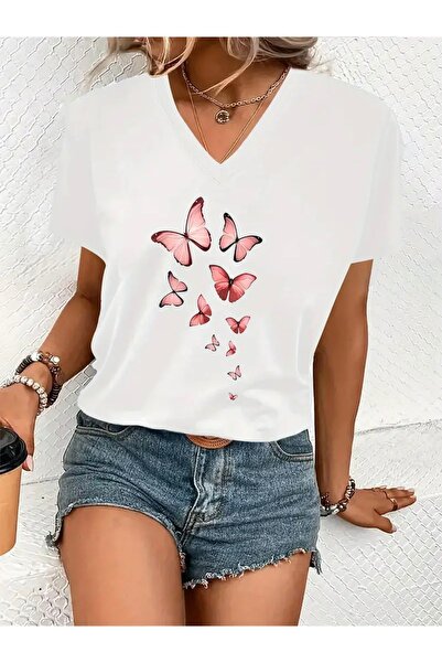 FUFLUNS تي شيرت نسائي كبير الحجم برقبة على شكل حرف V مطبوع عليه فراشات وردية