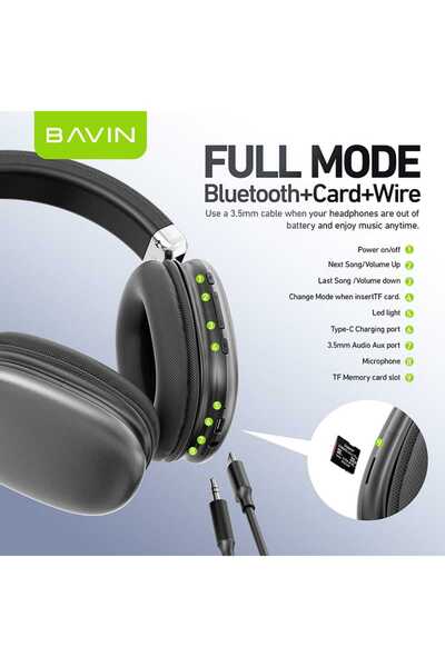 Bavin BH55 Wireless Bluetooth Earphones with Hi-Res Sound, SD Card Compatible, AUX Port, Bluetooth 5.4, Black