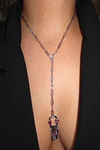 TAKIŞTIR قلادة على شكل حرف Y مصنوعة من الحجر الفضي اللون