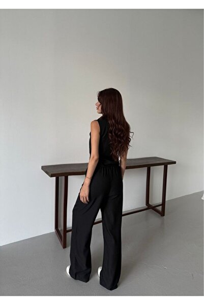 cn novembersun Női fekete vászonnadrág mellény szett